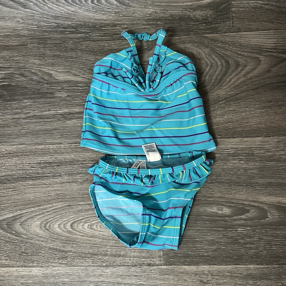 Old Navy Sz 6-12 Months Girls Halter 2 Piece Bikini Bathing Suit Swim Blue Strip